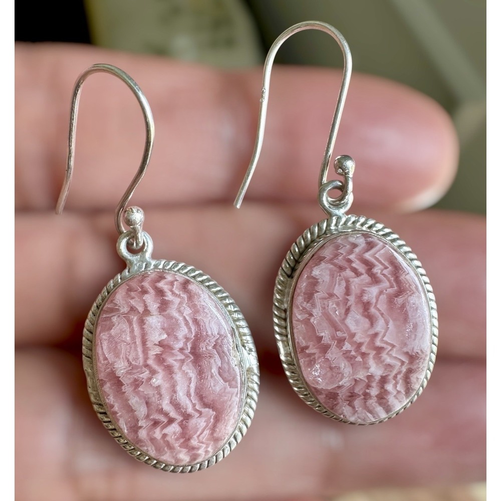 Artisan Hook Dangle Earrings 1.4 Inch Rhodochrosite Twist Rope 925 Sterling 7.5g